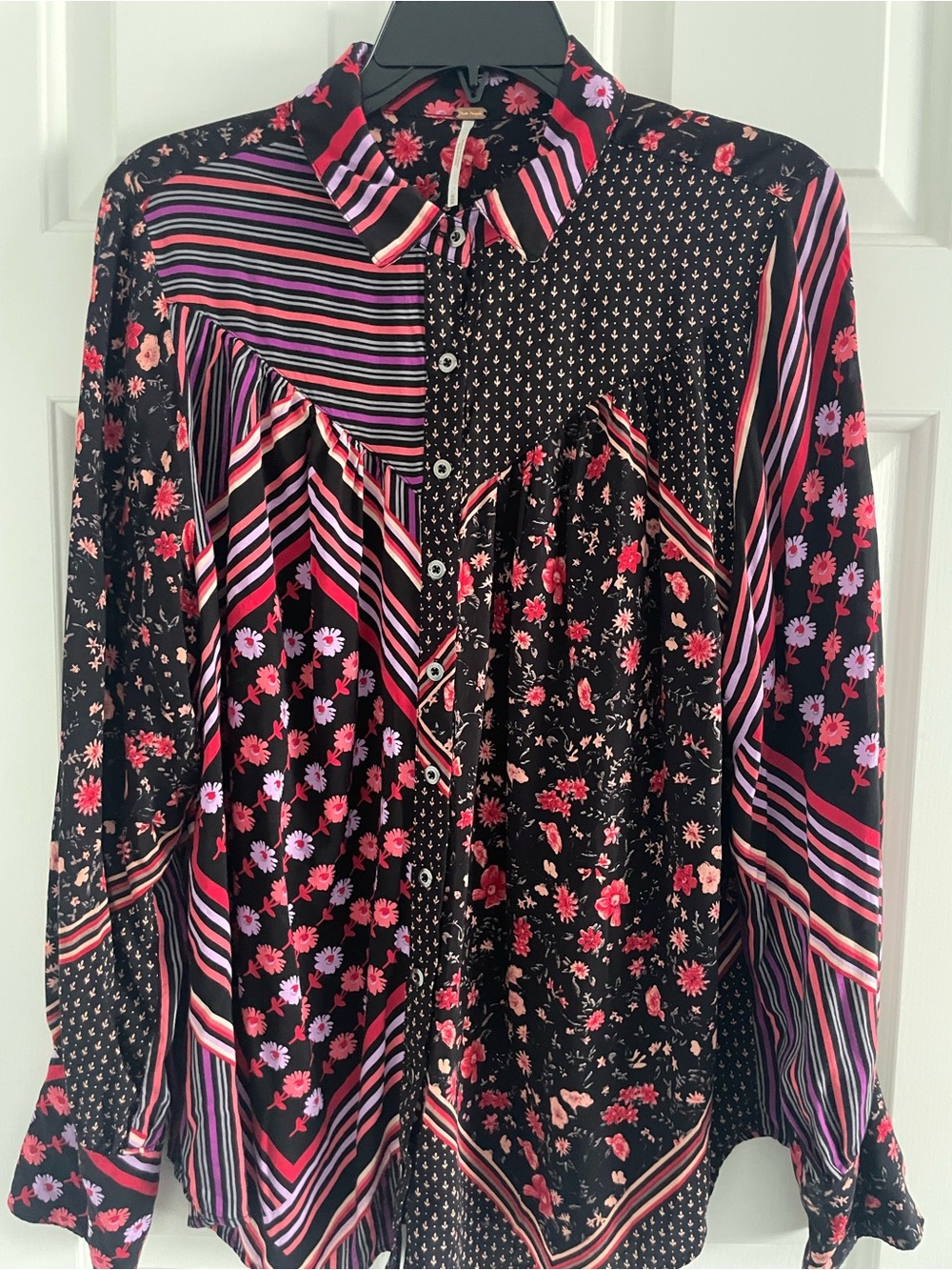 Free People Black Floral & Stripe Mixed-Print Button-Down Shirt